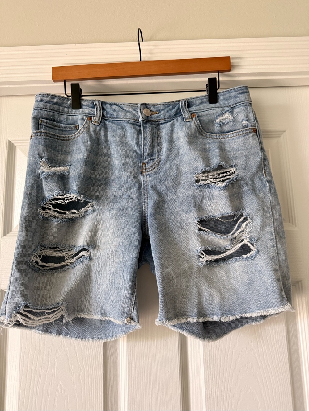 New York & Company Light Blue Distressed Denim Bermuda Shorts